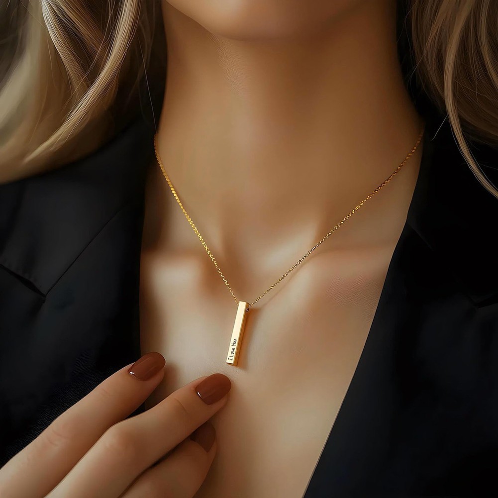 Personalized 4 Sided Vertical Bar Necklace Custom Text Engraved 3D Bar Pendant