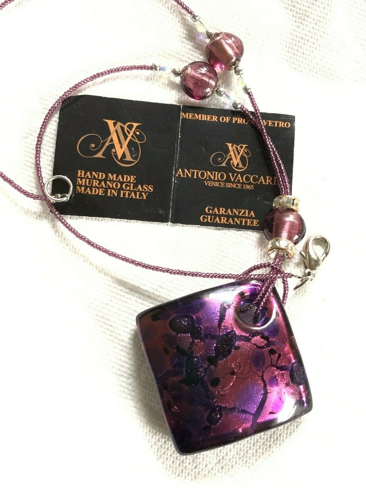 VACCARI ANTONIO PURPLE MURANO GLASS PENDANT & BEAD NECKLACE ORIG.BOX & TAG