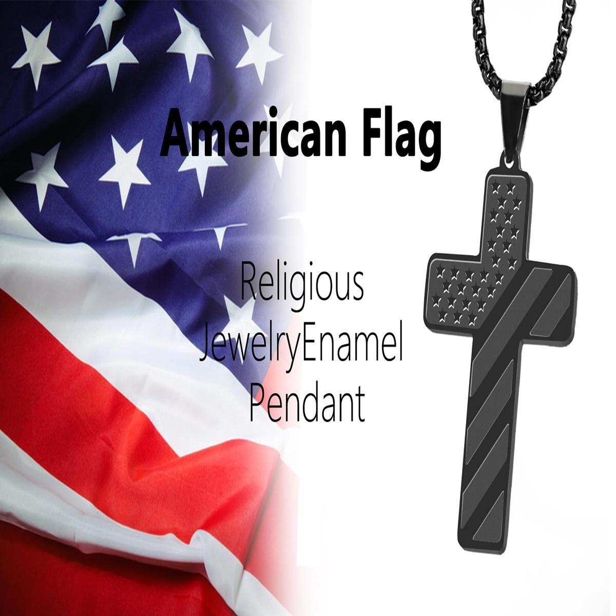 Mens Boys Inspirational Black American Flag Cross Pendant Bible Verse Necklace
