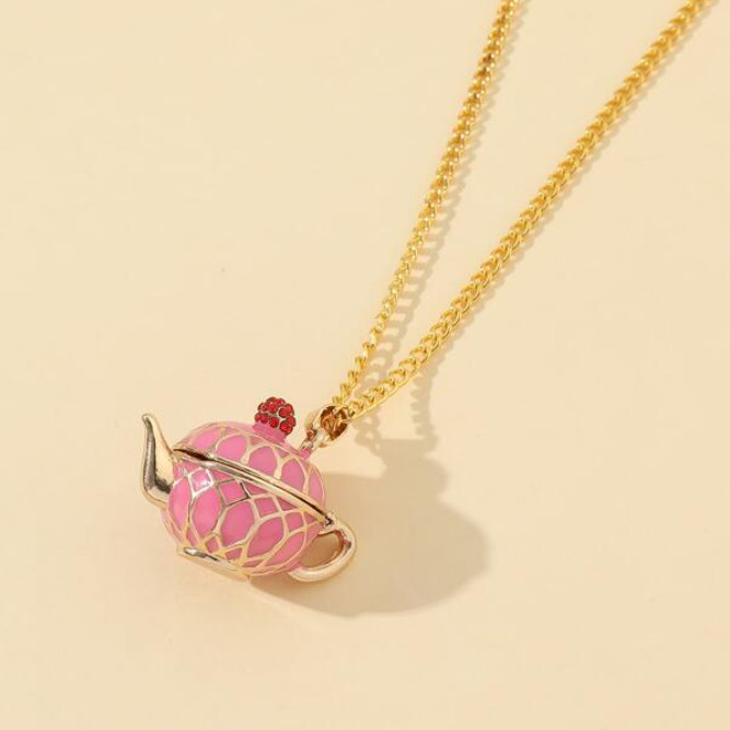 Pink & Gold Teapot Necklace – Cute, Locket Style – Coffee, Tea, Cute Gift