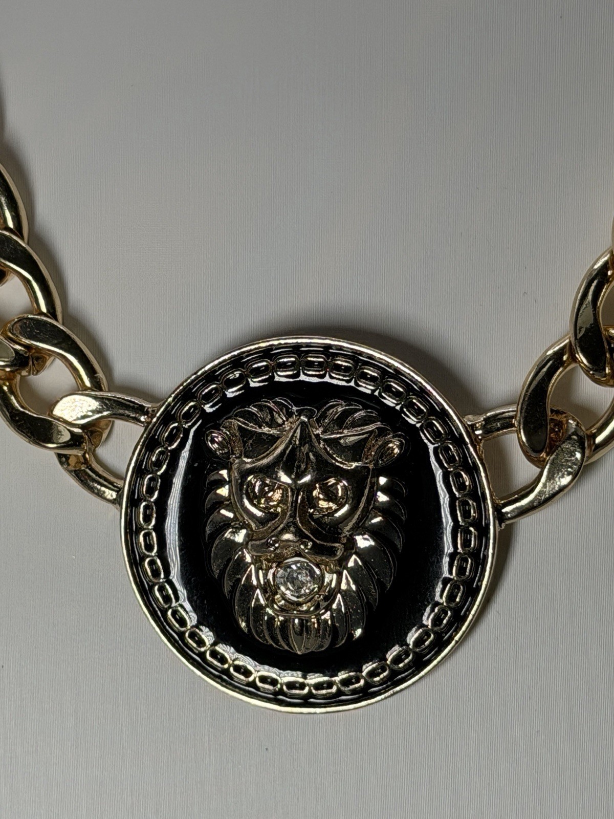 Natasha Gold Tone Lion Head Medallion Statement Necklace Rhinestone Black Inlay