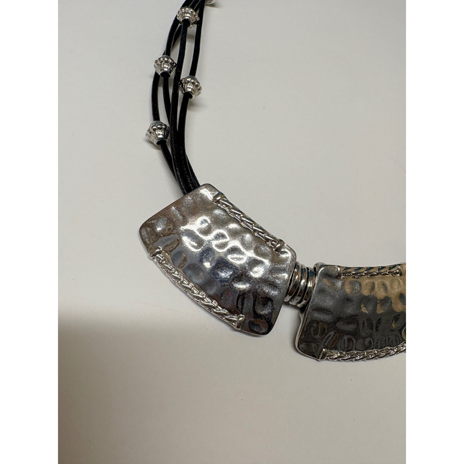 Chicos Mixed Metal Hammered Bib Statement Necklace Black Multi Strand Cord