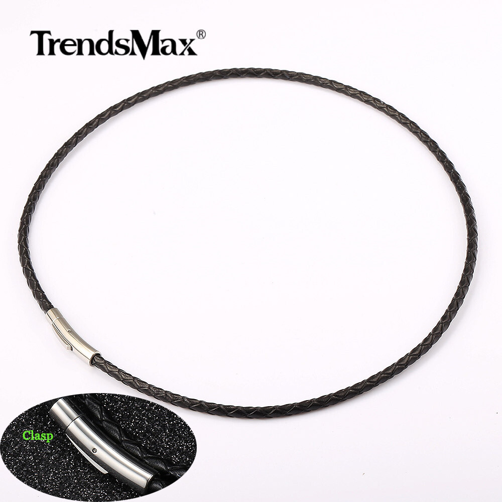 For Men Black Braided Leather Rope Necklace Stainless Steel Secure Clasp 16″-30″