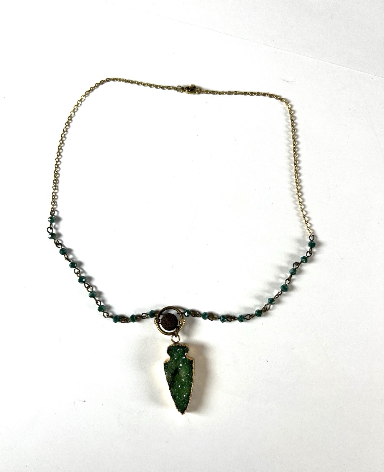 Green Druzy Arrowhead Shaped Pendant Necklace Lava Rock & Beaded Chain