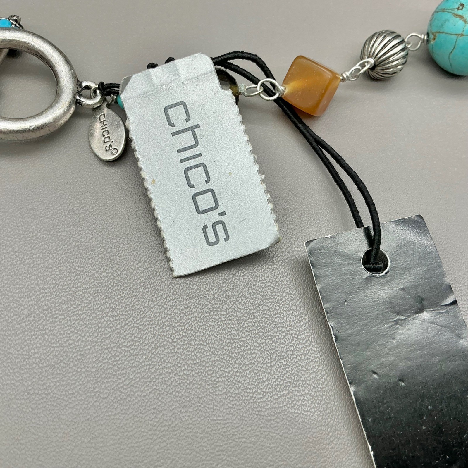 Chico’s Necklace Womens Turquoise Silver Tone Beaded Leather Boho Long 26 Inch