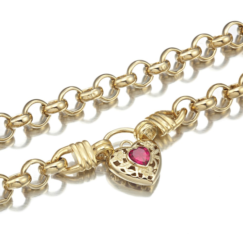 18K GL Thick Solid Rolo Yellow Gold Necklace Filigree Heart Padlock Ruby Red Gem