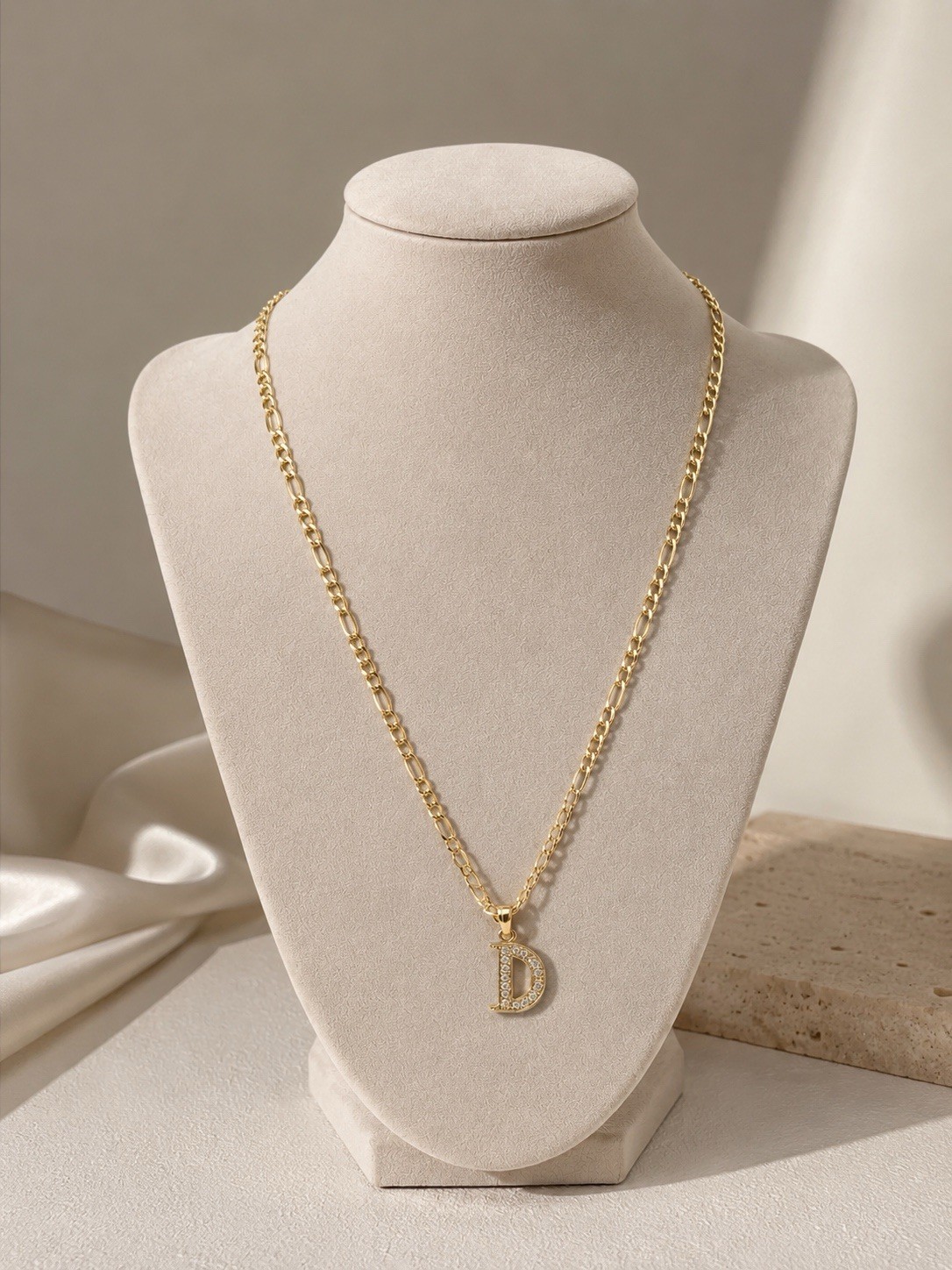 10K Gold Figaro Chain Necklace with 10K Gold Pavé Clear Cubic Zirconia Letter D