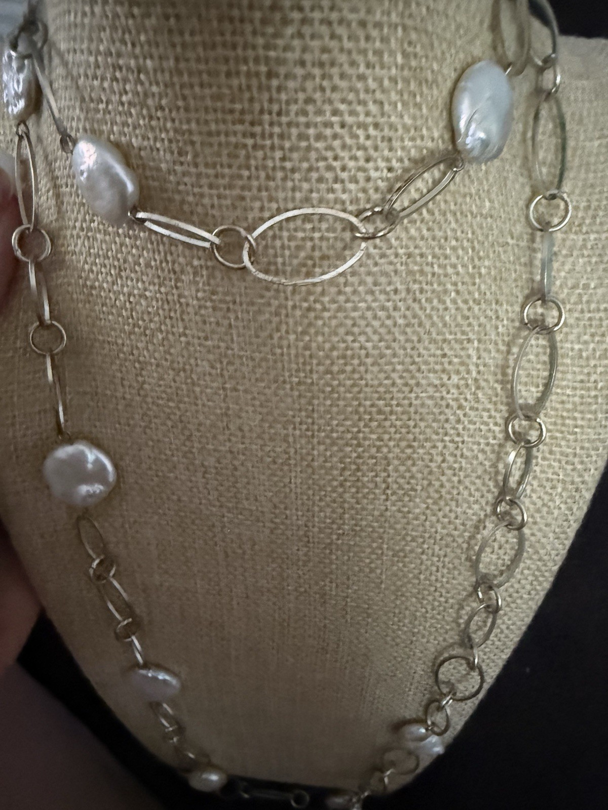 Silver Tone Oval Link Station Necklace Baroque White Pearl Chain