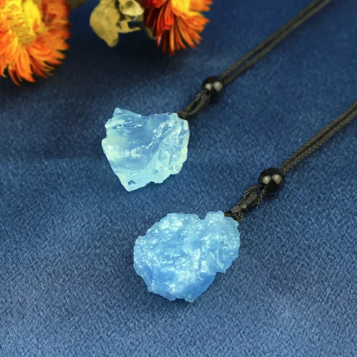 Raw Aquamarine Pendant Necklace Adjustable Blue Stone Necklaces Blue Crystal