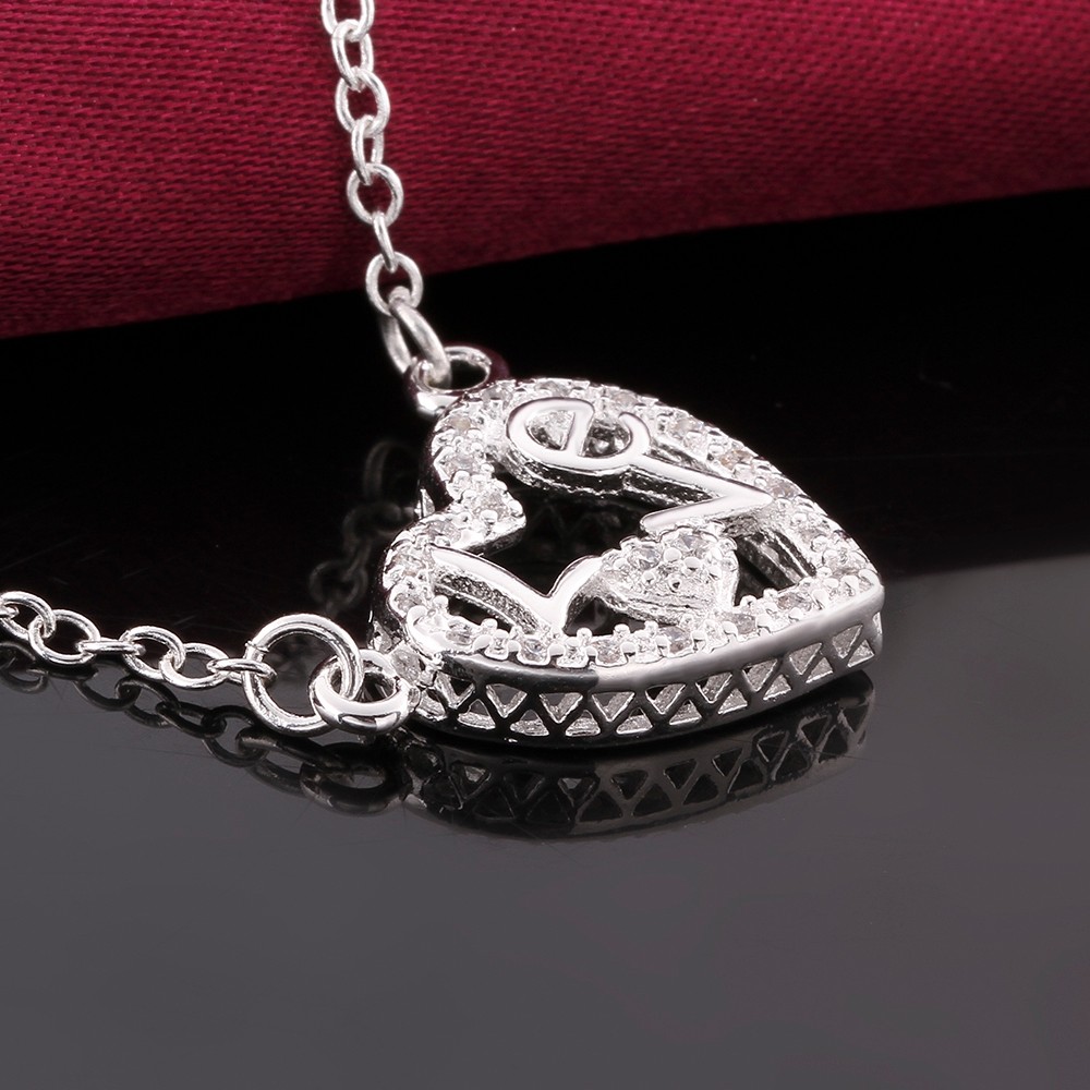 Elegant 925 Sterling Silver Filled Heart Love CZ Pendant Woman Necklace N-A580