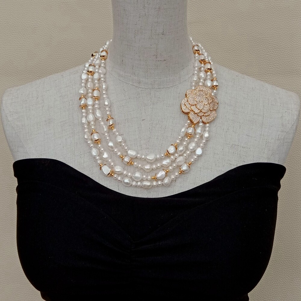 4 Strands Cultured White Baroque Pearl Cubic Zirconia Pave Pendant Necklace 19