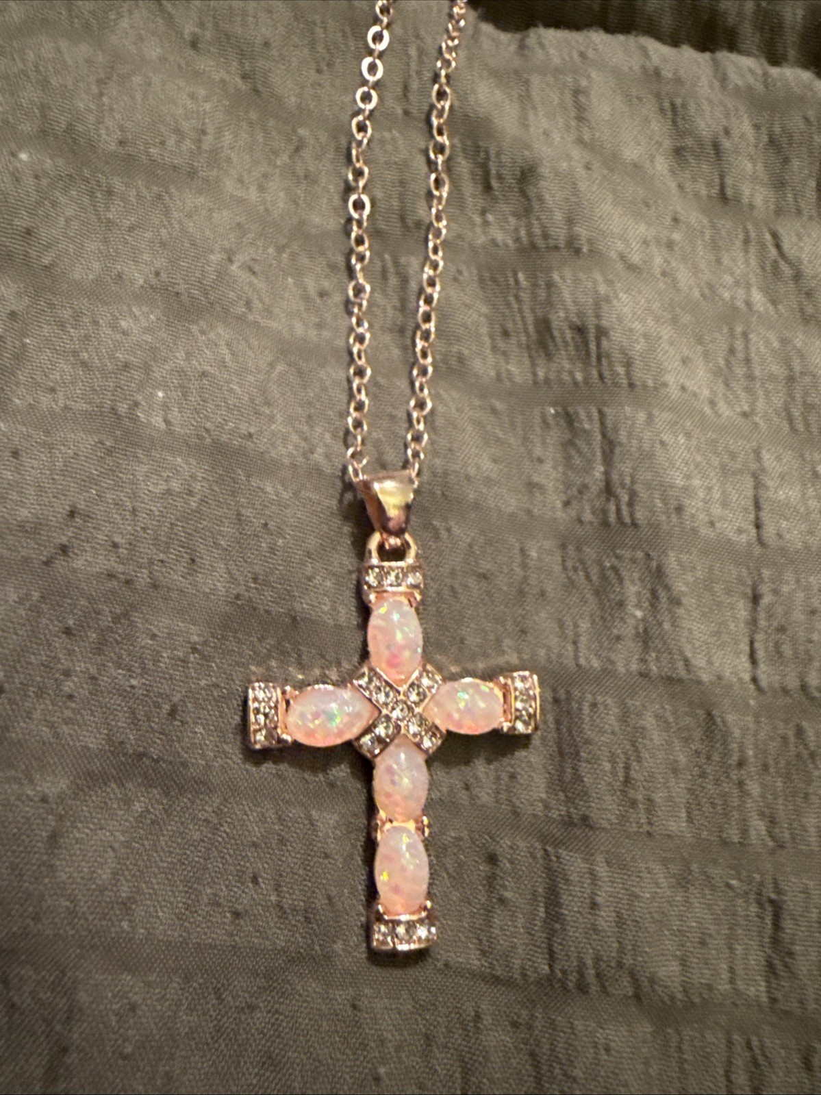 Rose Golden Hip Hop Pinkish Blue Glass Stones Cross Necklace W/rhinestones