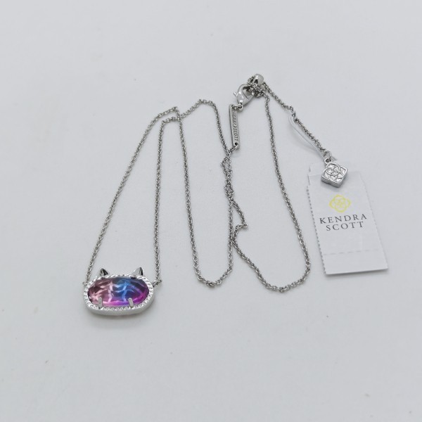 New Kendra Scott Elisa Silver Cat Kitty Pendant Necklace in Watercolor