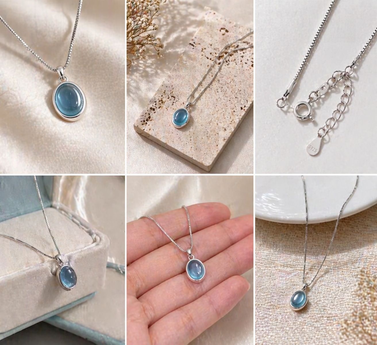 Women’s Blue Oval Stone Pendant Necklace Silver Tone Chain Minimalist Jewelry