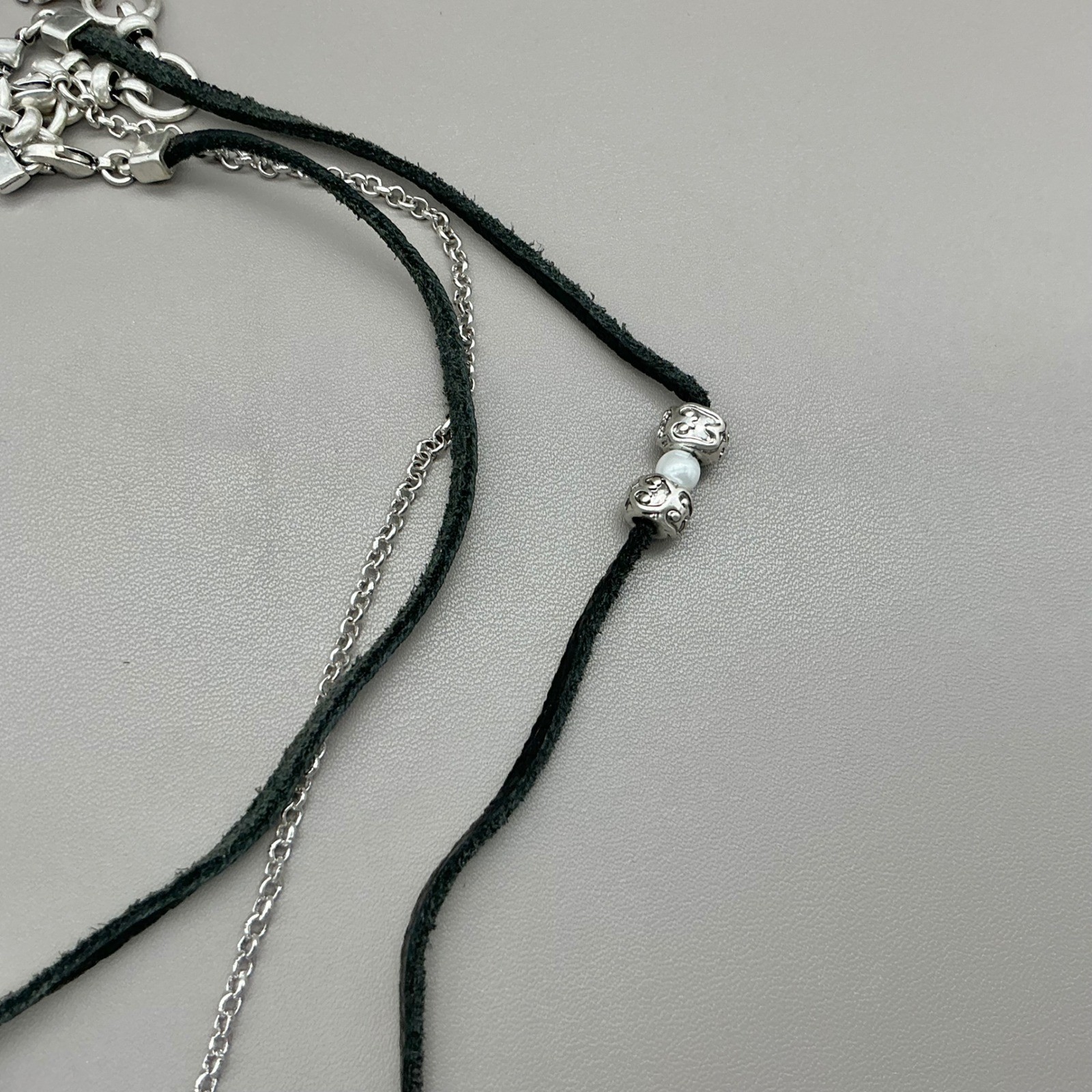 Lucky Brand Necklace Womens Silver Tone Layered Faux Leather Tassel 30 Inch