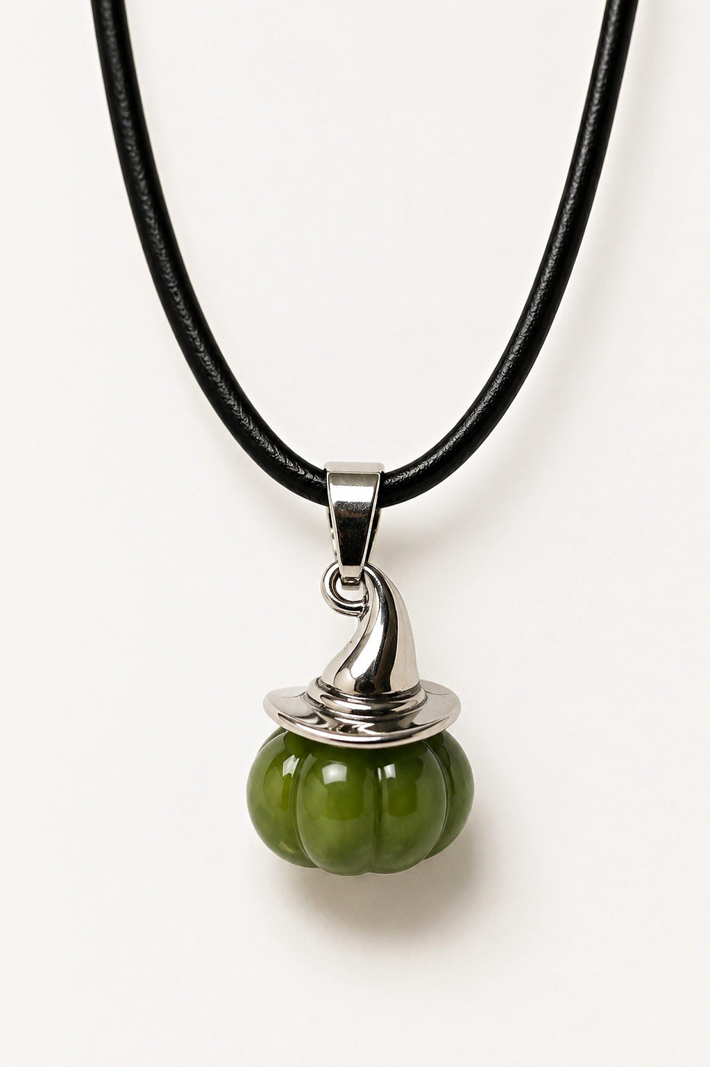 Green Round Stone Charm Pendant Necklace Black Cord Silver Bezel Setting