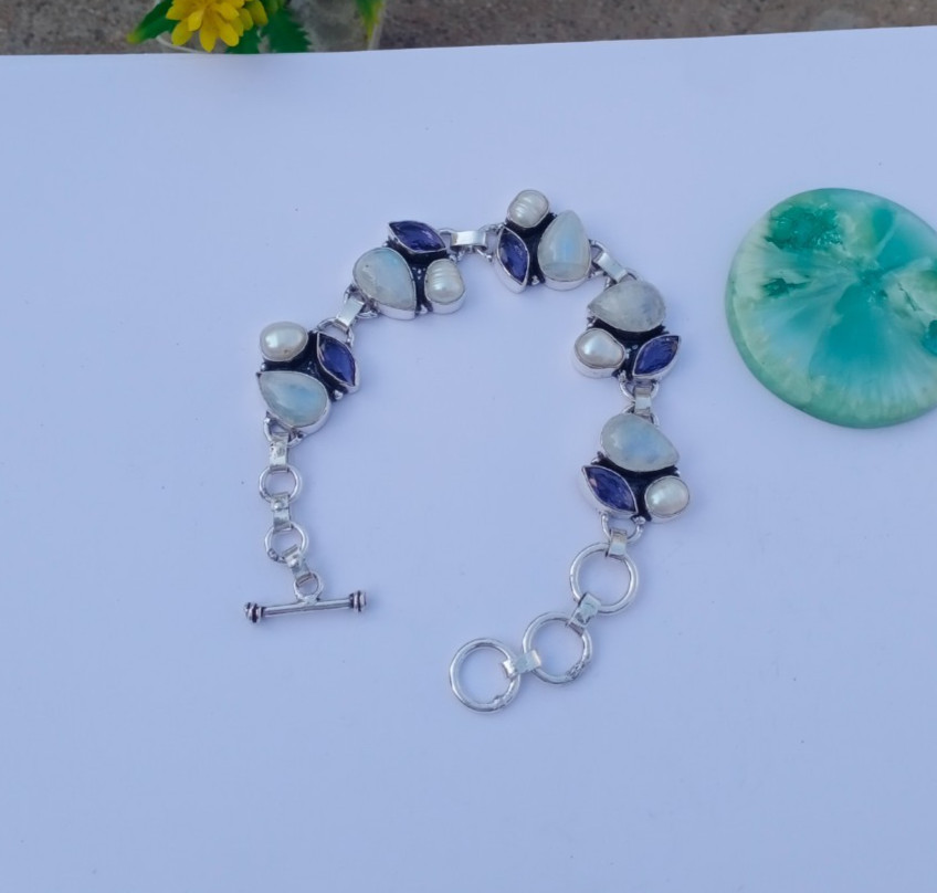Natural Moonstone, Pearl, Amethyst Gemstone 925 Sterling silver Bracelet