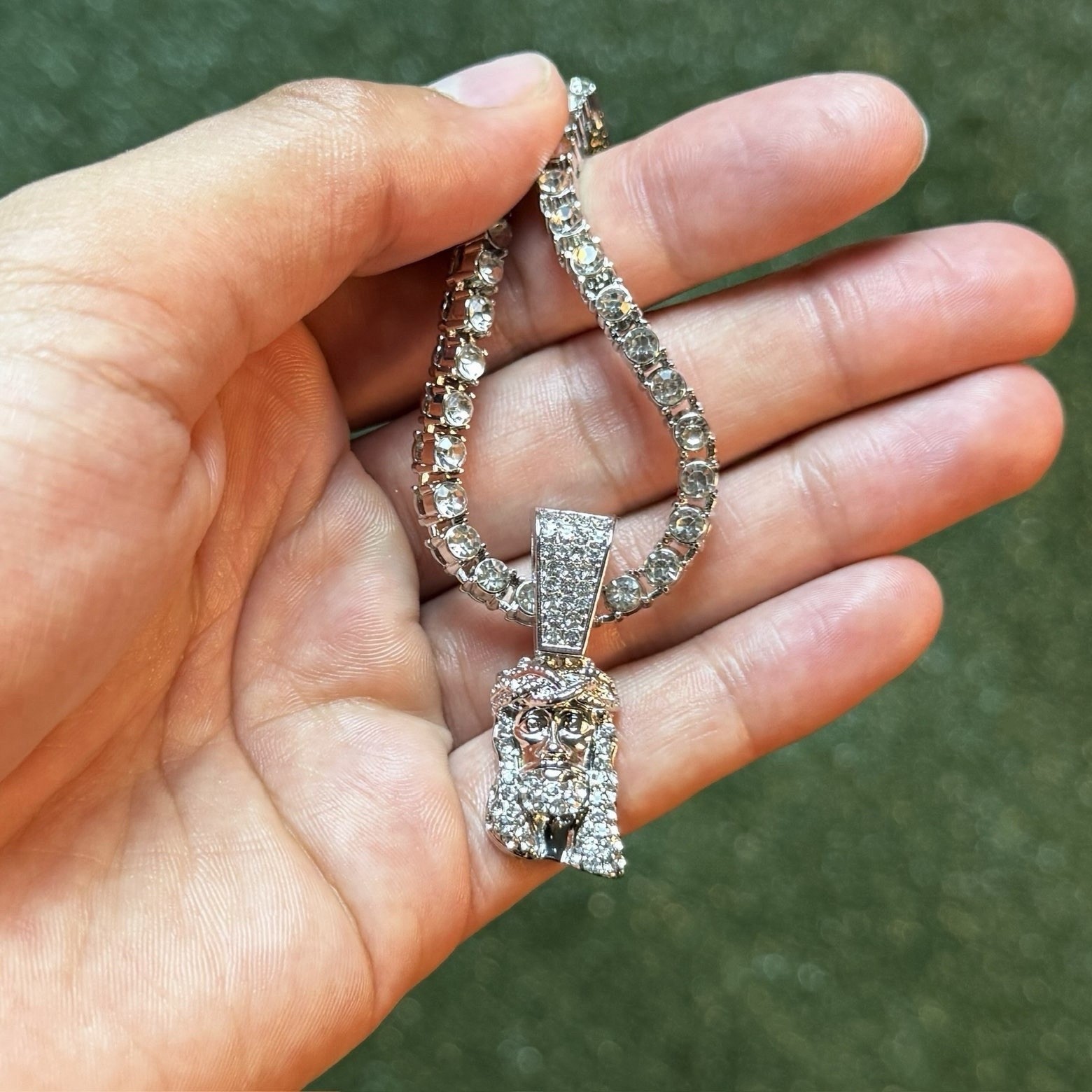 Silver Tone Tennis Chain Necklace Rhinestone jesus Charm Pendant Hip Hop