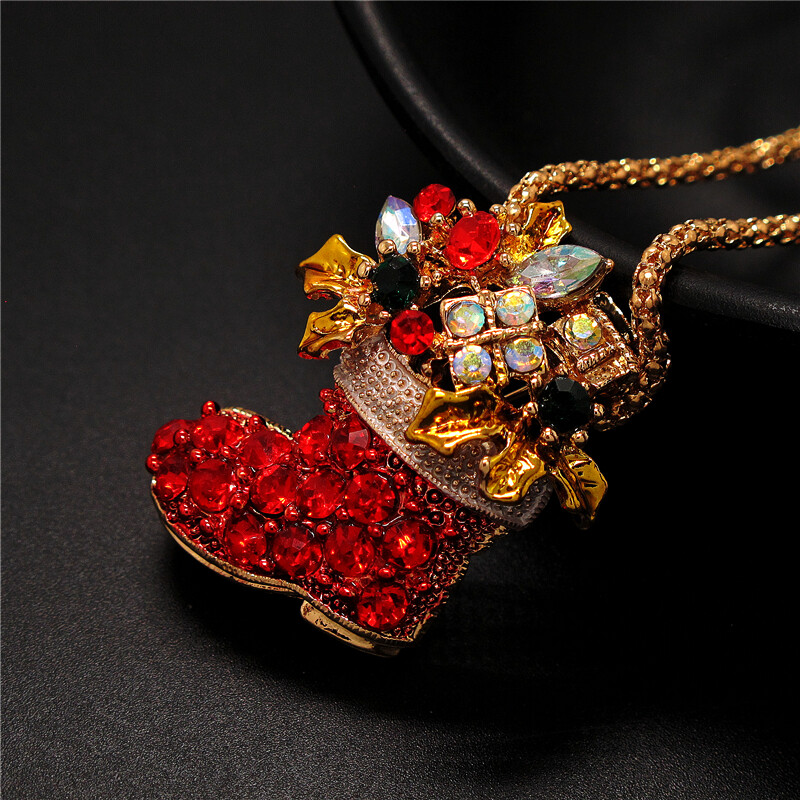 Fashion Women Red Rhinestone Enamel Christmas boots Pendant Sweater Necklace