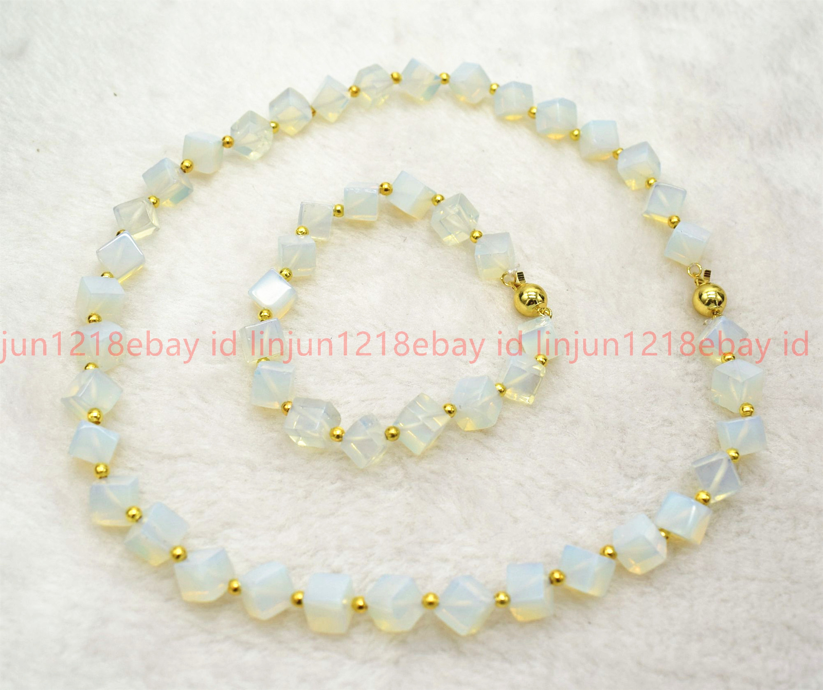 New Pretty Natural Regular Square White Opal Gems Necklace Bracelet Set 18/7.5in