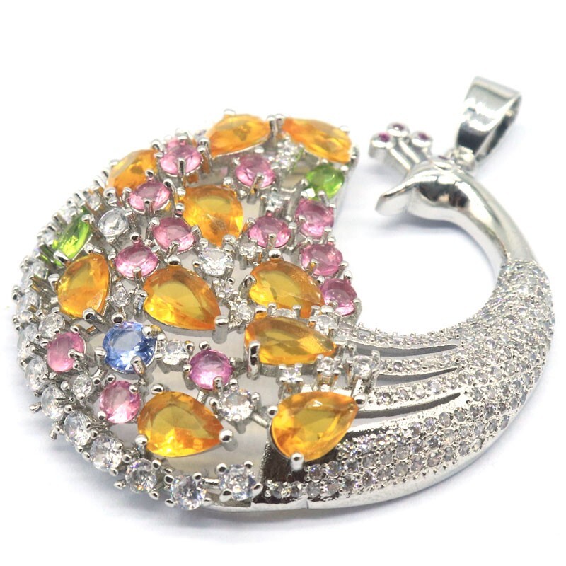 Multi Color Peacock Big Tourmaline Citrine Blue Topaz Kunzite CZ Silver Pendant