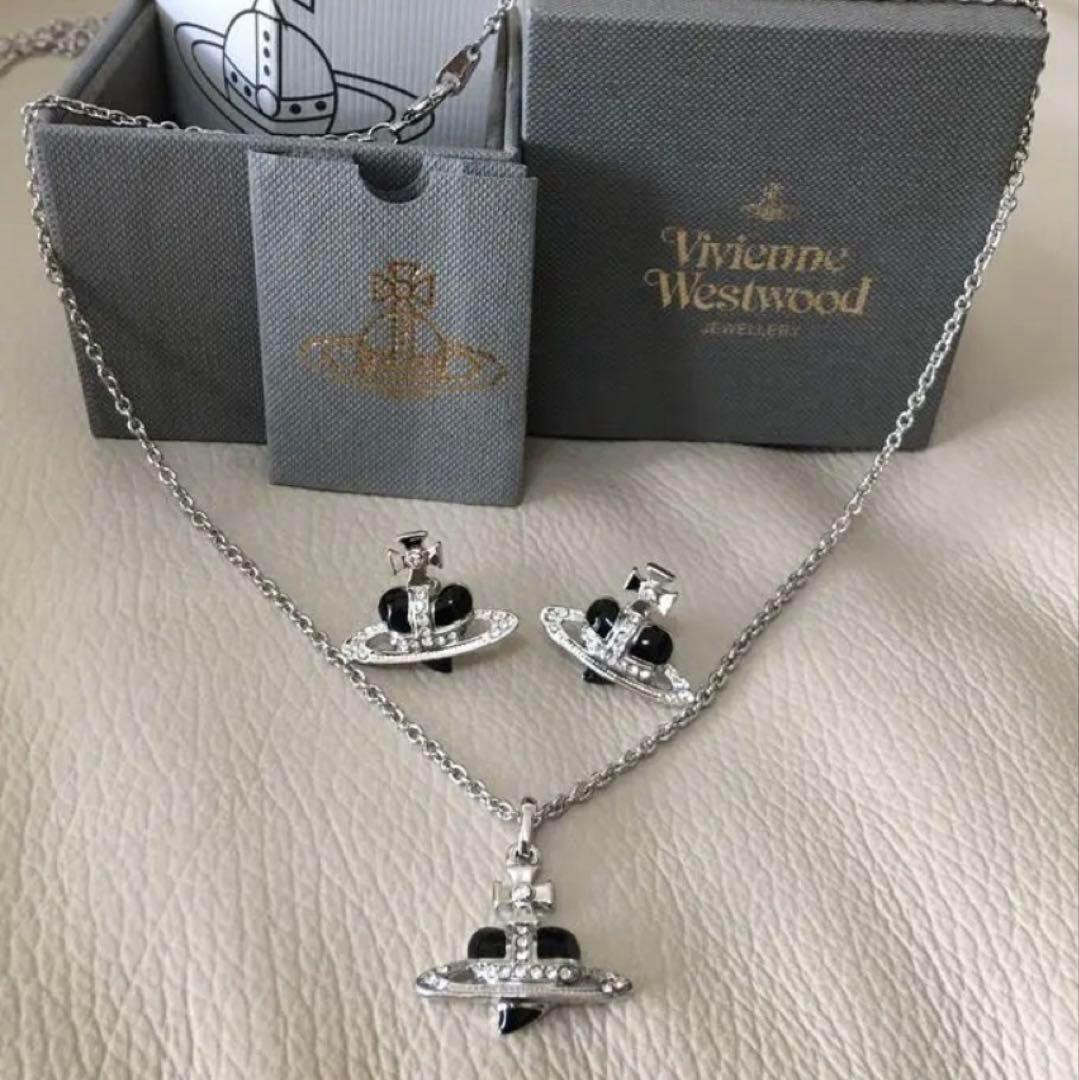 【In Box/Pouch】Diamante Heart Necklace Earrings Set Black