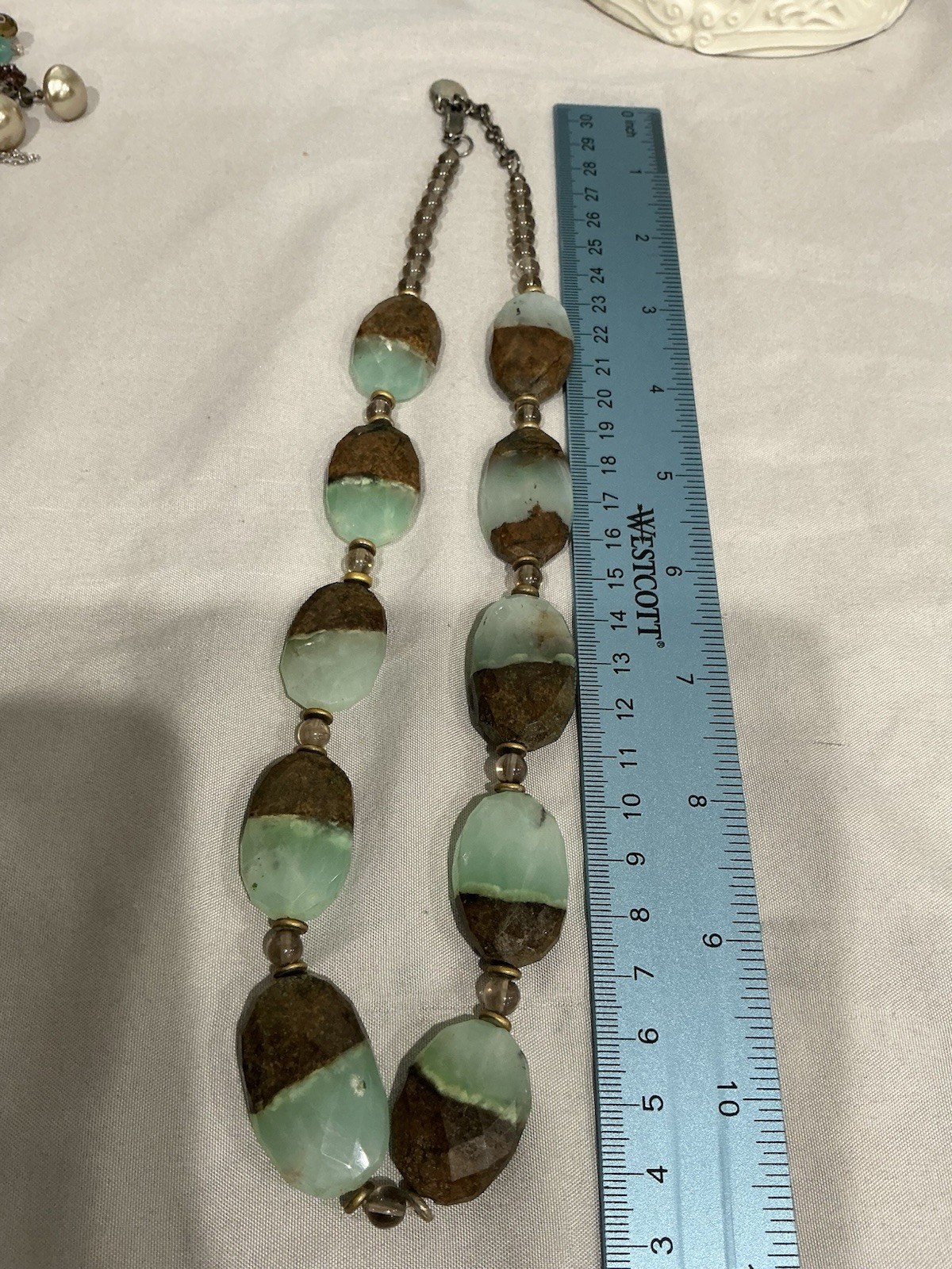 925 silver Green & Brown Oval Stone Beaded Necklace Cable Chain