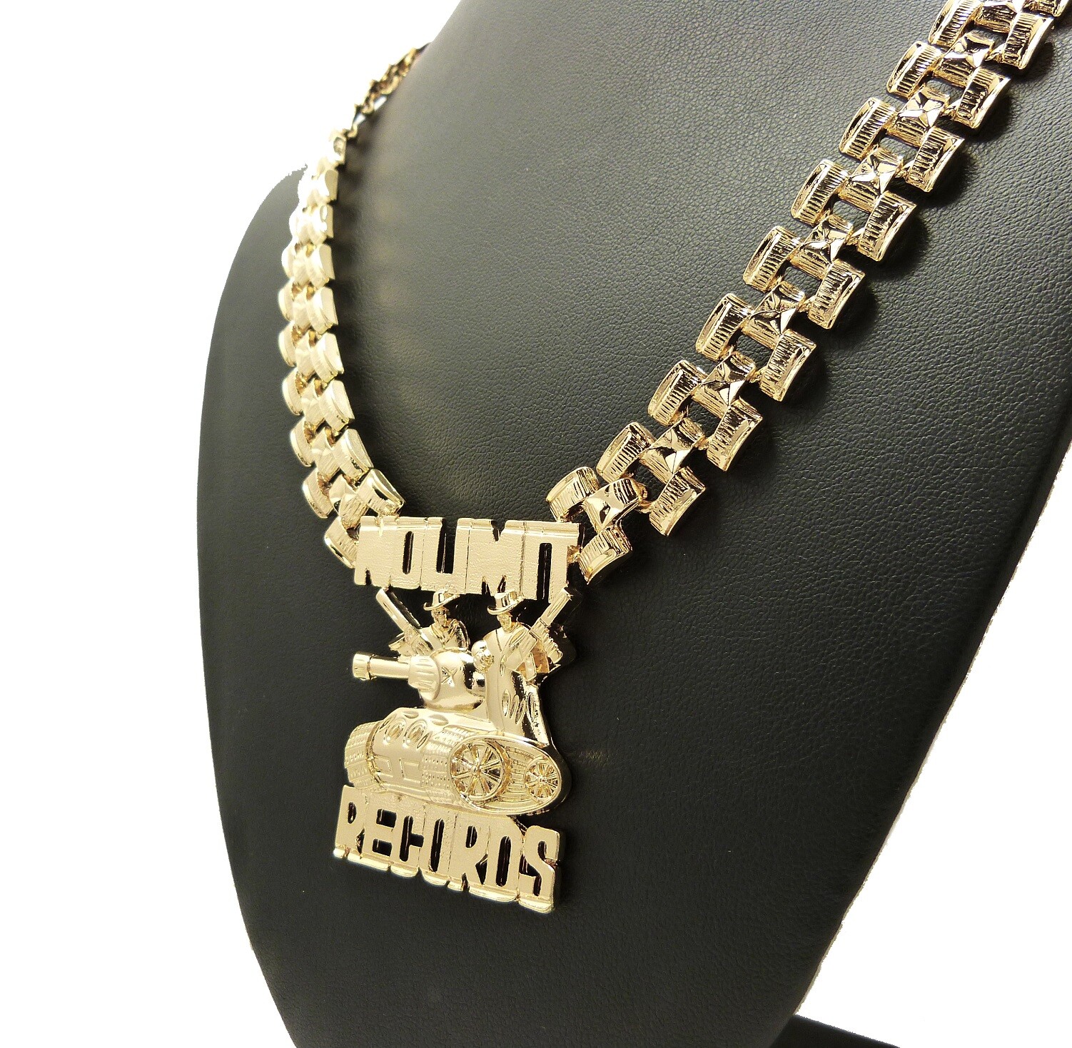 Hip Hop Icy Gold PT No Limit Records Tank Pendant & 13mm 20″ Tank Chain Necklace