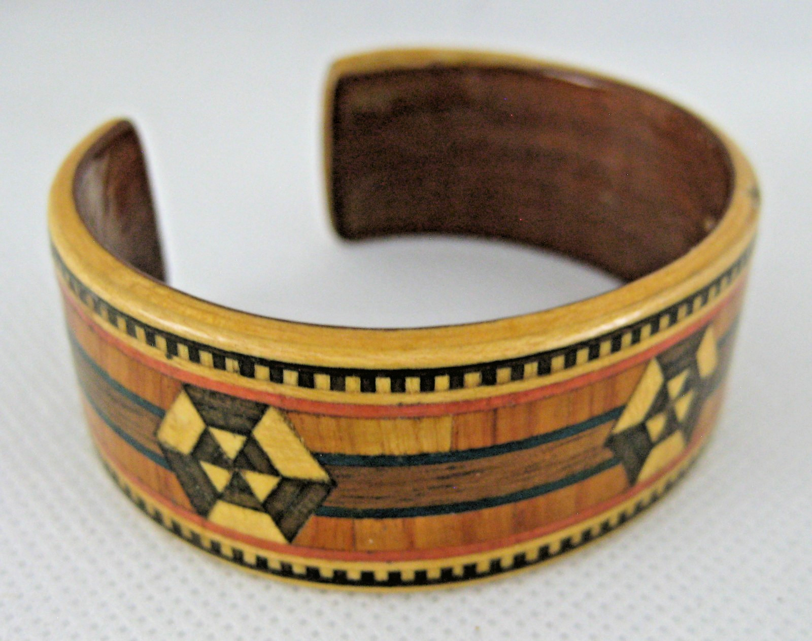 Wood Cuff Bracelet Brown Bands Parquet Geometric Designs Lightweight Vintage