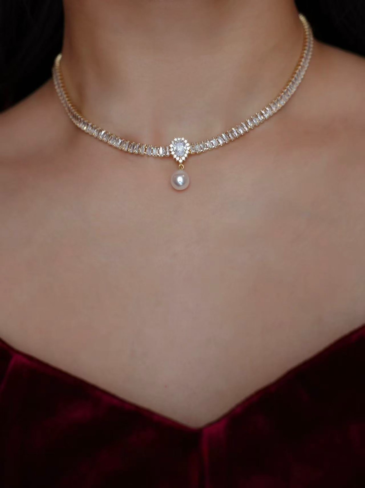 Vintage Pearl Drop Necklace French Bridal Gold Tone Wedding Choker