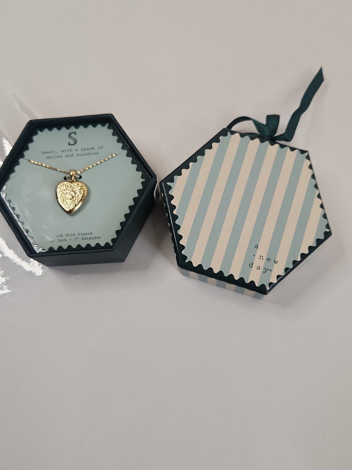 A New Day 14k Gold Dipped Initial S Heart Locket Necklace Floral Engraved Boxed