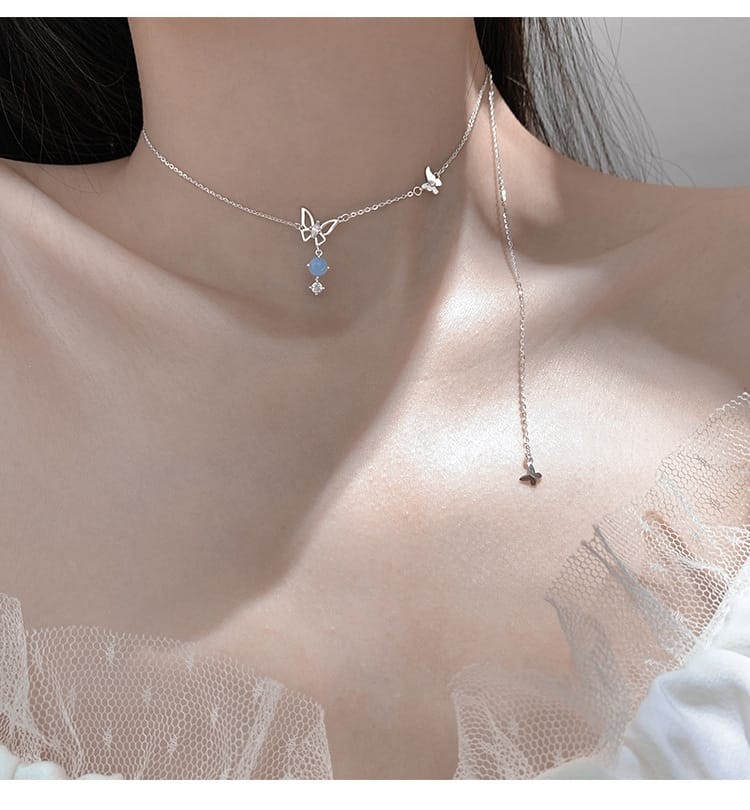 Silver Butterfly Necklace with Zircon Pendant for Women