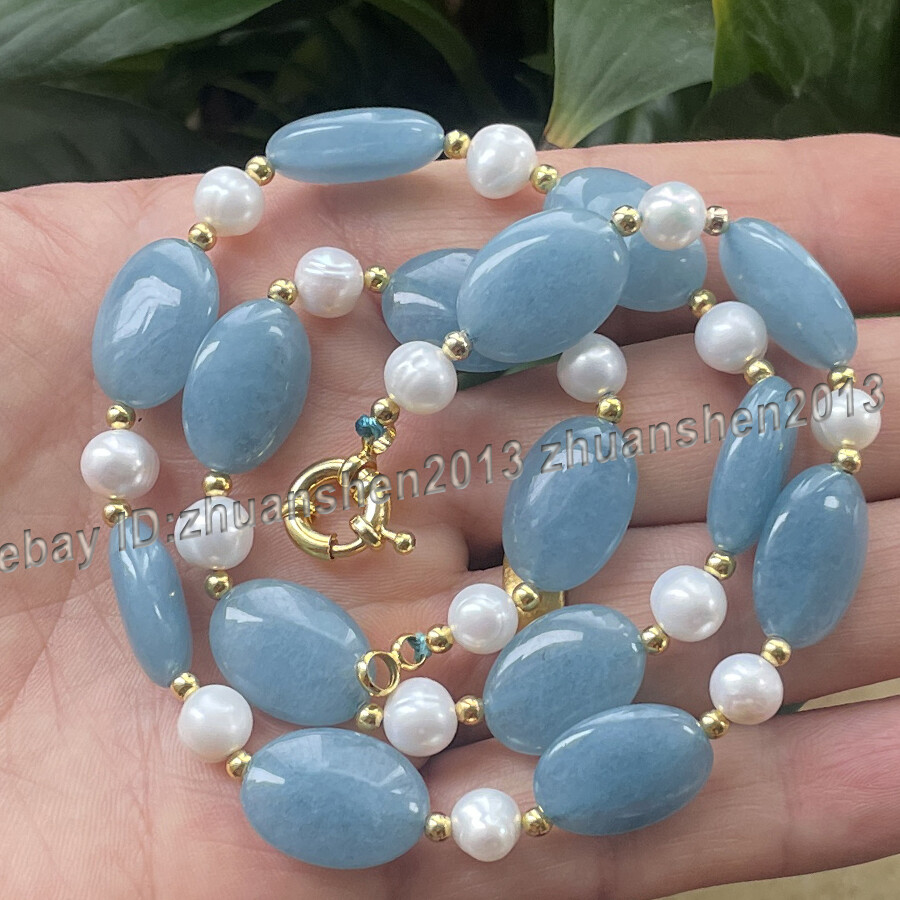 13x18mm Oval Blue Aquamarine Gems White Pearl Hook Earrings+ Necklace Set 14-28″