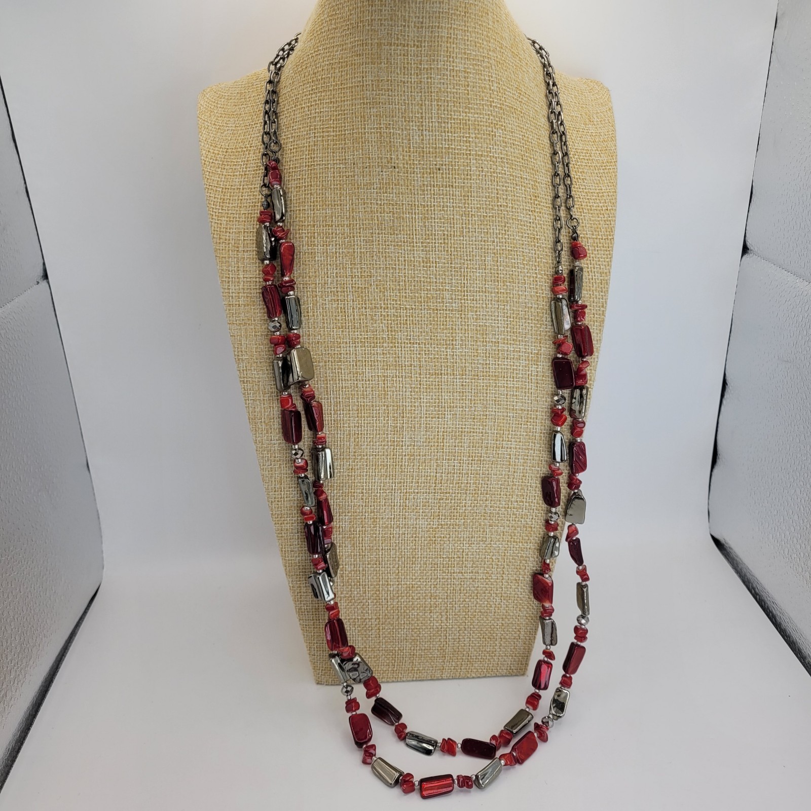 Long Layered Red Glass and Black Grey Hematite Tone Bead Necklace