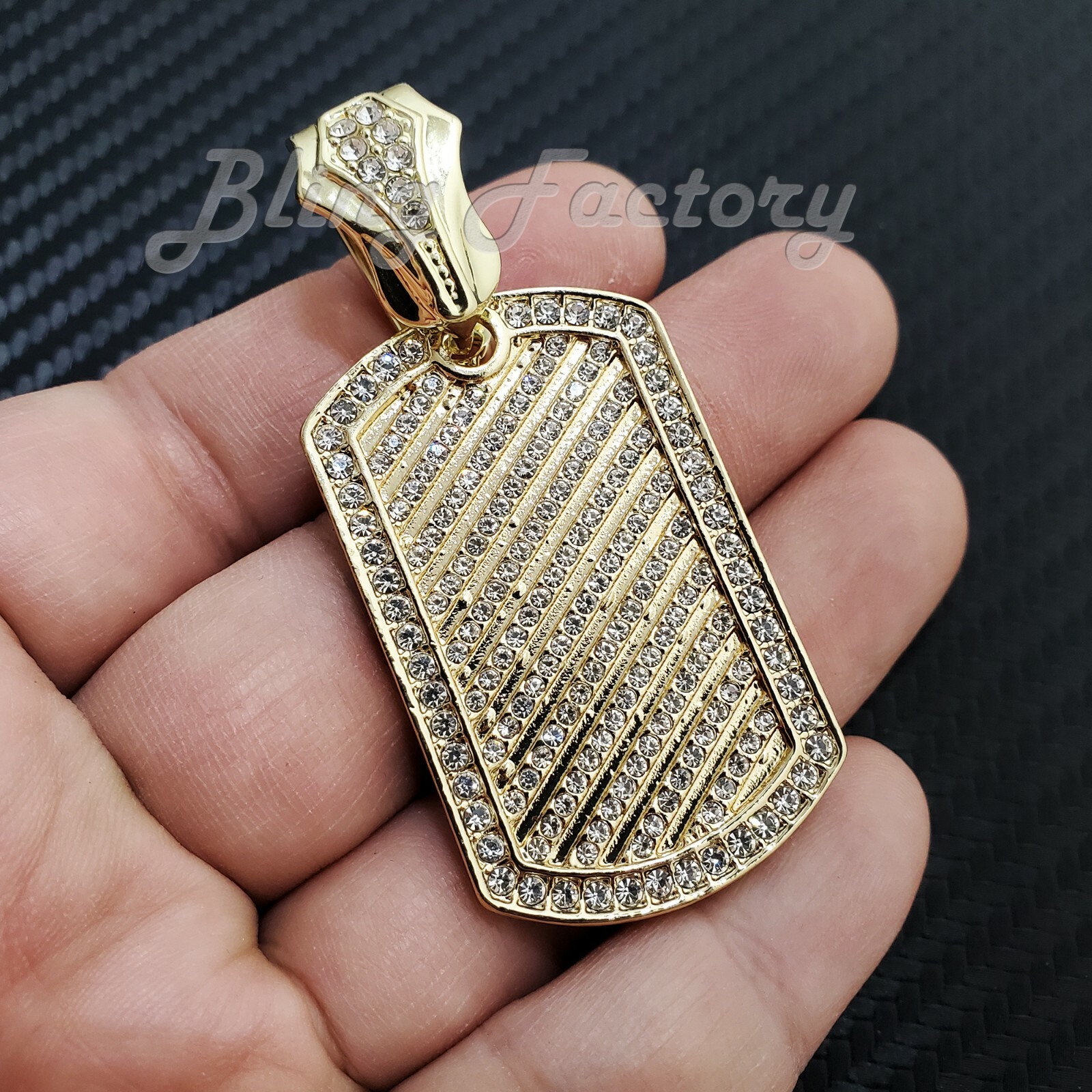 Gold PT Dog Tag Pendant 12mm 16″ 18″ 20″ 24″ Iced Cuban Box Lock Chain Necklace