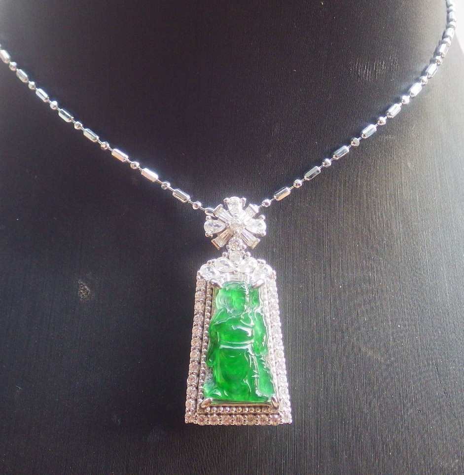 Video Certified Silver 925 Green A Jade jadeite Pendant Guan Gong God 124818 TS