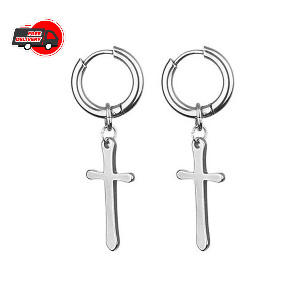 Punk Black Cross Stainless Steel Hoop Earrings for Women Men Fashion Vintage