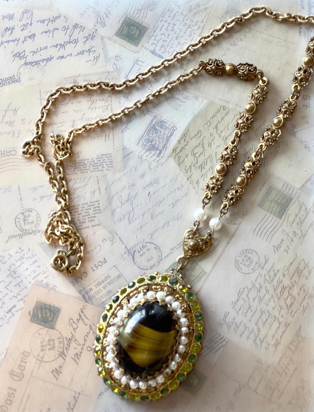 Vintage West Germany Victorian Revival Brass Filigree Striped Art Glass Cabochon