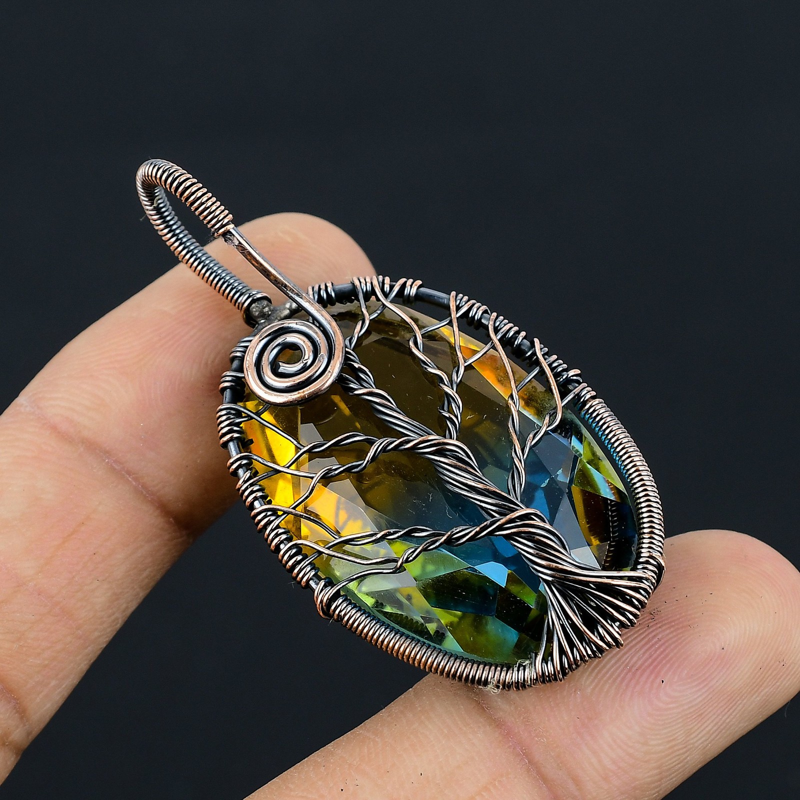 Bi Color Tourmaline Gemstone Copper Wire Wrap Jewely Pendant 2.2″ J676