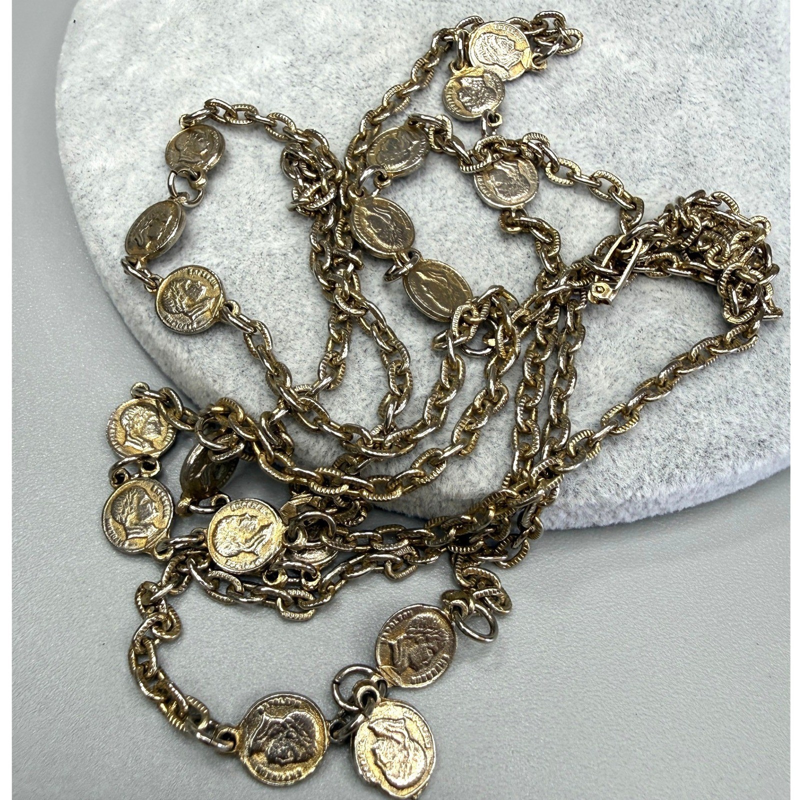 Vintage Two Tone Faux Coin Necklace 50″ Long Flapper Layering