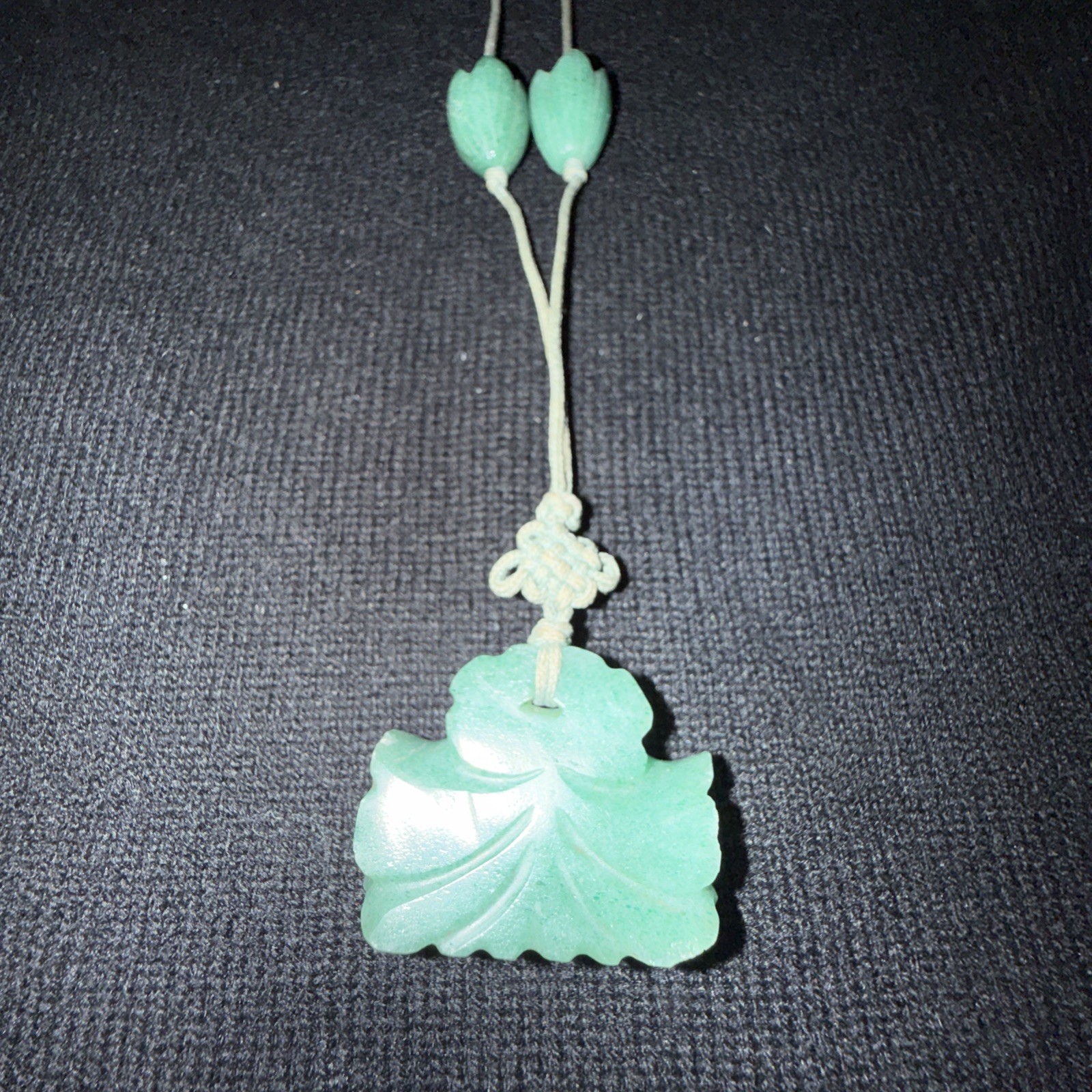 Jade “Flower” Necklace 15in Drop, On Cord.