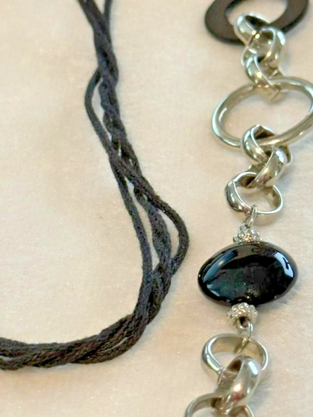 Black Cord Silver Tone Oval Link Statement Necklace 40 Inch Long
