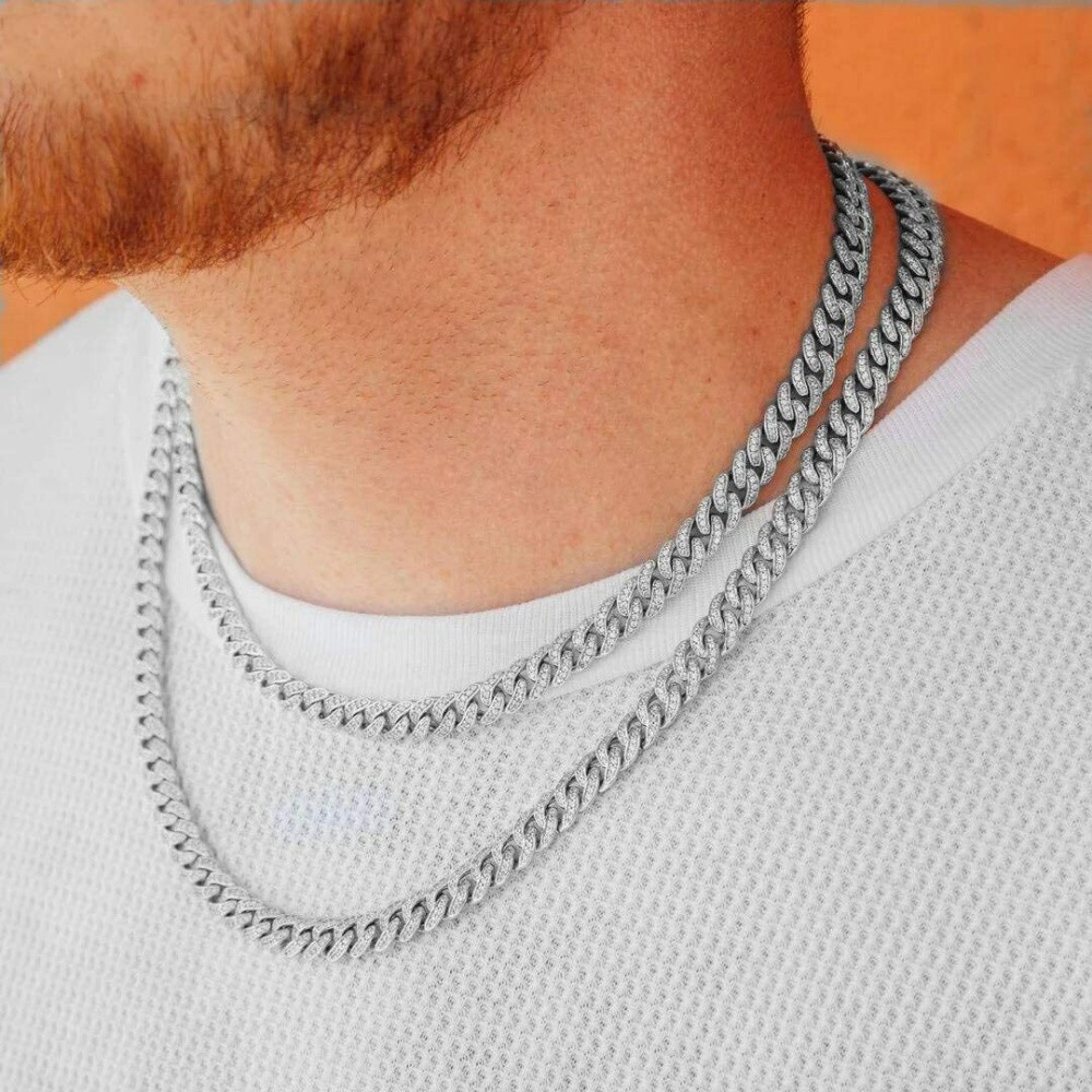 13mm White Gold Plate Stainless Steel Miami Cuban Link Chain CZ NecklaceBracelet