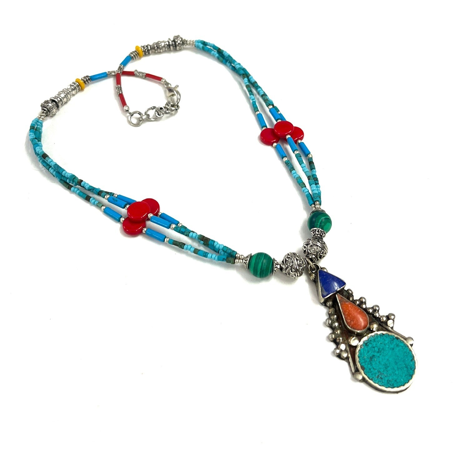 Ethnic Turquoise Lapis Gemstone Tibetan Pendant Necklace Jewelry, 17 Inch Adjust