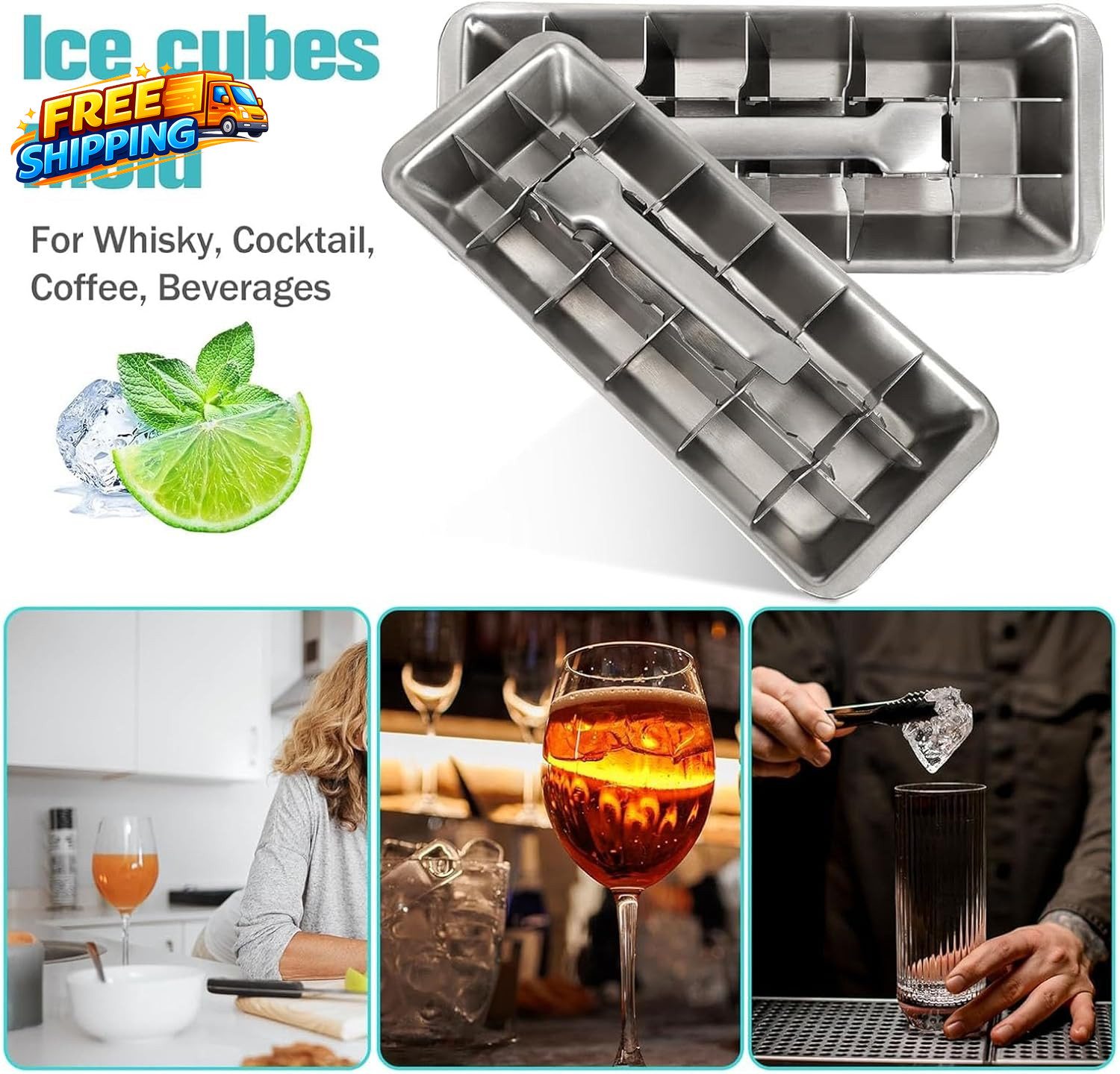 Stainless Steel & Metal Ice Cube Trays with Handle – 18-Slot Small Ice Cube Mold