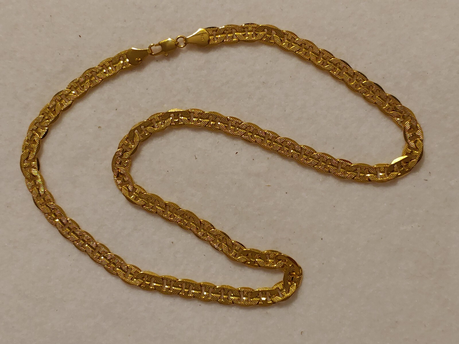 14K Gold Plated Chain Necklace- Flat Link Textured Style -24 in Long -8 mm Wide