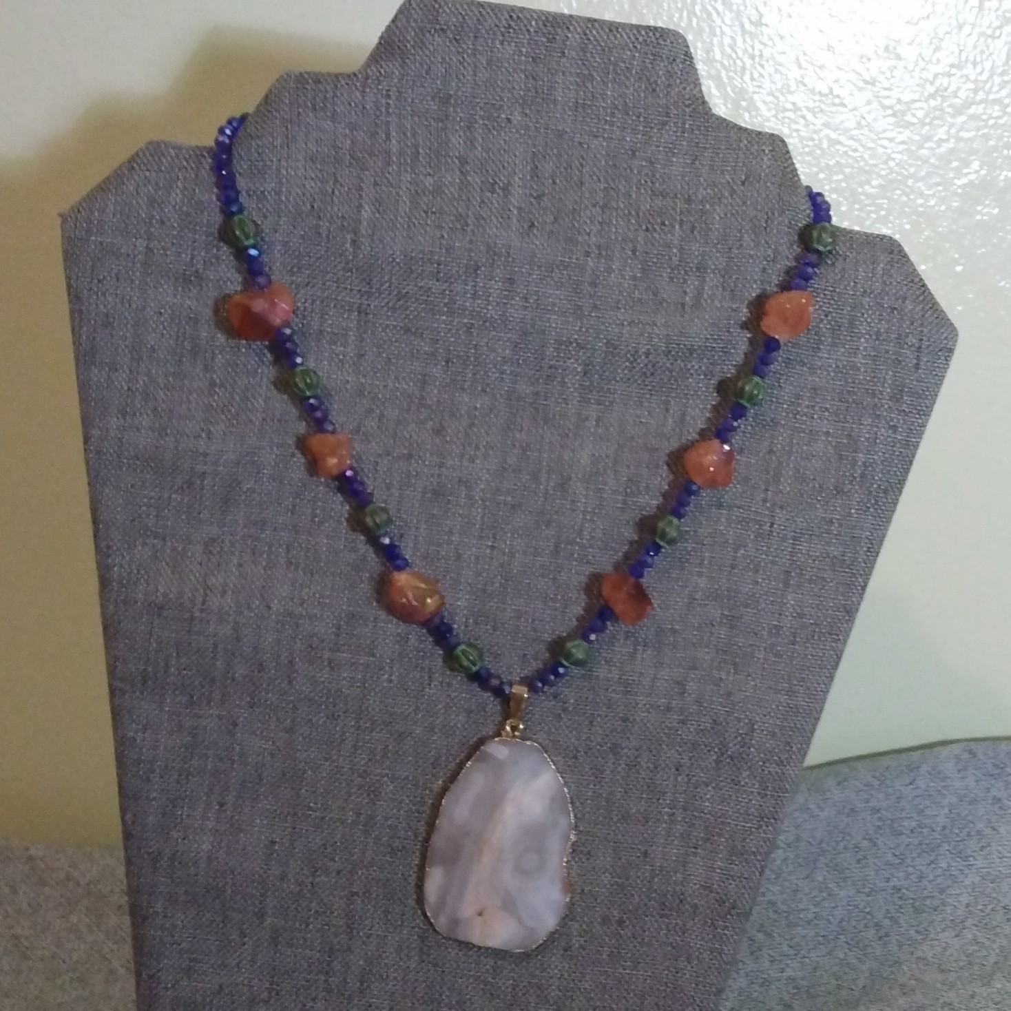 Multicolor Glass Beaded Pendant Necklace White Agate Charm Lobster Clasp