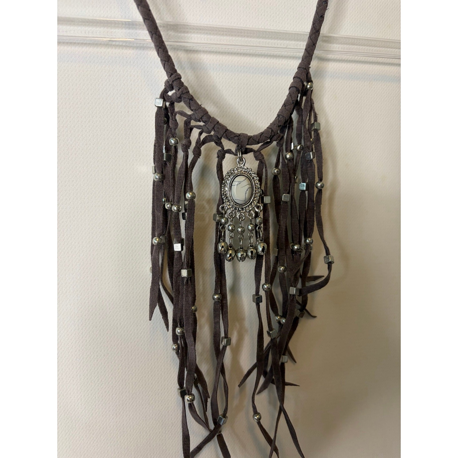 Shyanne Faux Leather Braided Silver Tone Beaded Fringe Western Necklace NEW