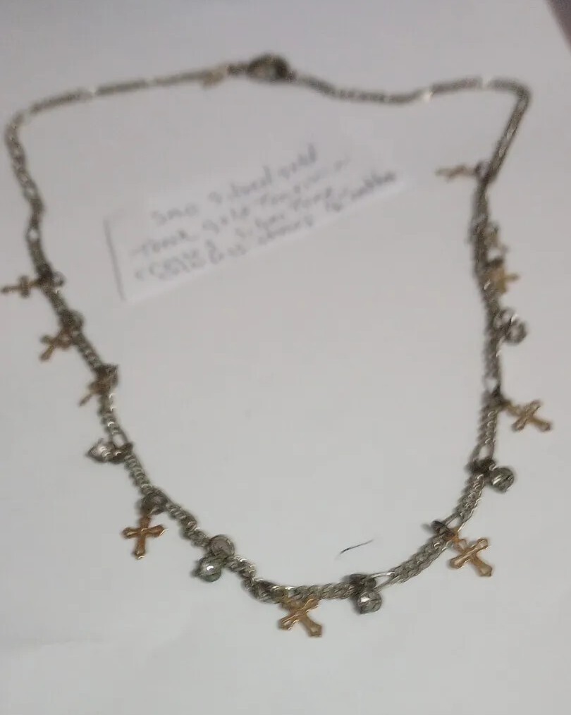 SAO Silver/Gold Tone Small Dangling Crosses And Colorless Stoned 16″necklacr