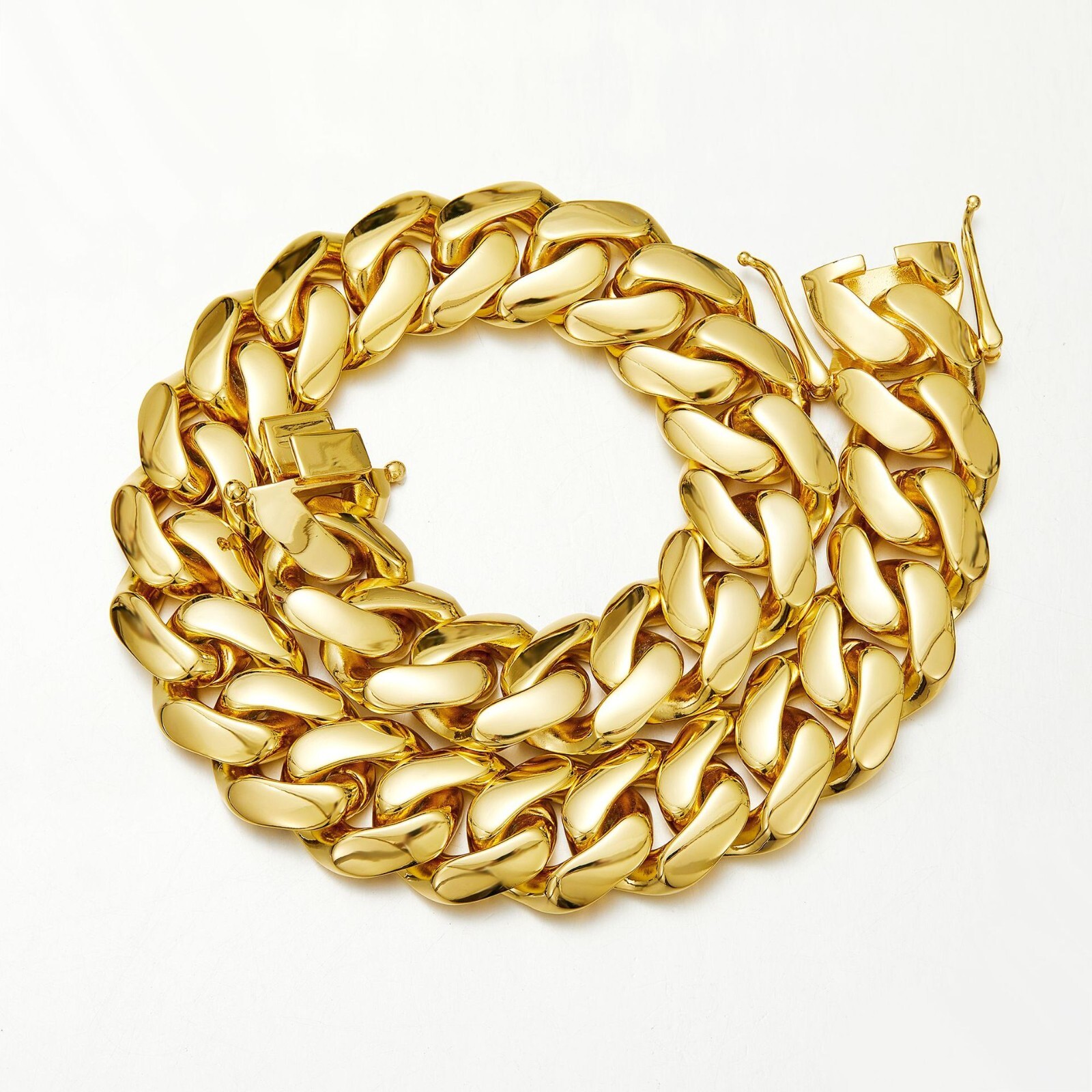 Men 10/12/14/16/18/20/22mm Flat Gold Tone Stainless Steel Miami Cuban Link Chain